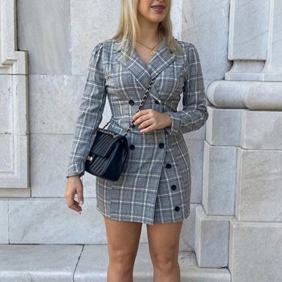 . Dresses & Skirts - Grey Preppy Womens Plaid Puff Sleeve Double Breasted Blazer Dress